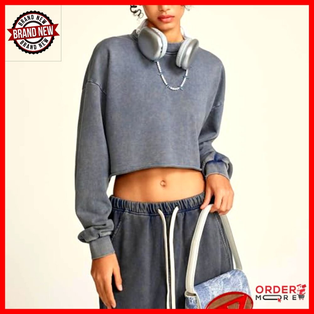 Vintage Cropped Pullover Sweatshirt Long Sleeve Acid Wash Hoodie - Picture 4 of 7